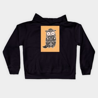 Black and White Folk Art Owl on Yellow Floral Background Kids Hoodie